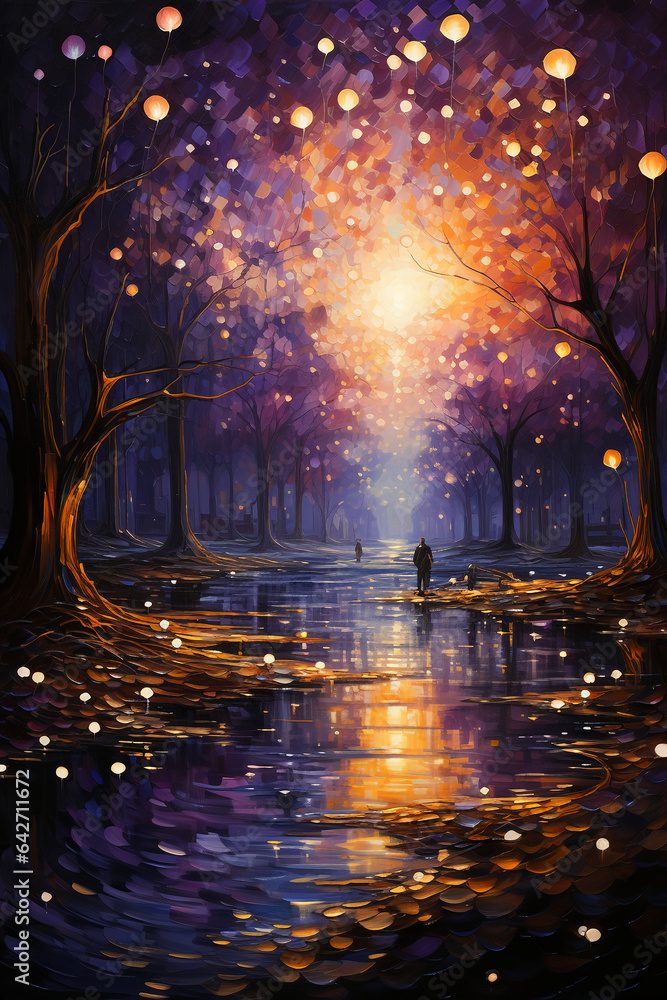 Fototapeta premium luminous pointillism, made of liquid metals, purple and gold, sparkling reflections. AI generative