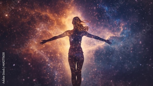 Woman in Yoga Full Body Backlit Pose in the Nebula Galaxy. Generative AI image weber.