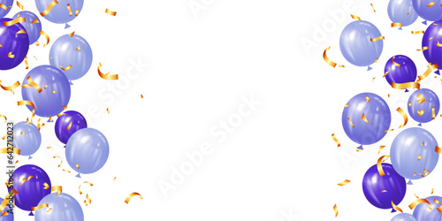 happy birthday seamless banner or greeting card background for celebration purple balloon and gold confetti vector illustration isolated on checkered transparent background