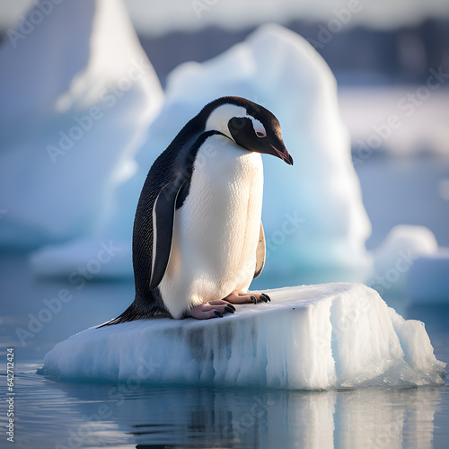A penguin alone sitting on a small floating piece of ice in the Arctic  looking down into the water. A concept of wildlife in North Pole and climate change causing sea levels to rise. Generative ai. 