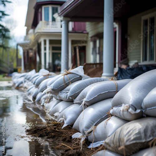 Sandbags lined up in front of a house in a flooded residential area. A concept of bad weather and hurricanes possibly caused by climate change. 