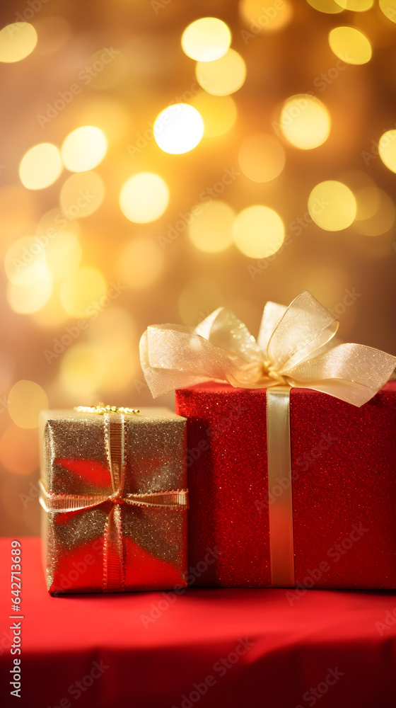 Christmas present background with red and gold gifts. Portrait with copy space Christmas present background with red and gold gifts. Portrait with copy space