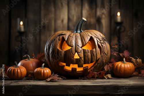 Scary halloween pumpkin on wooden planks. AI generative © SANGHYUN