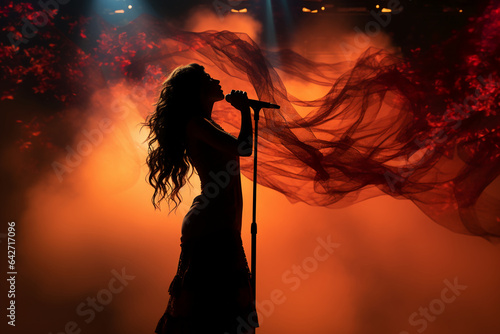 Stylish photography of folklore girl singing to a microphone on stage. AI generative