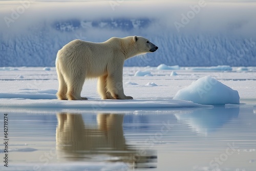 a polar bear standing on an ice floe in the arctic with mountains in the background and water reflecting it s surface