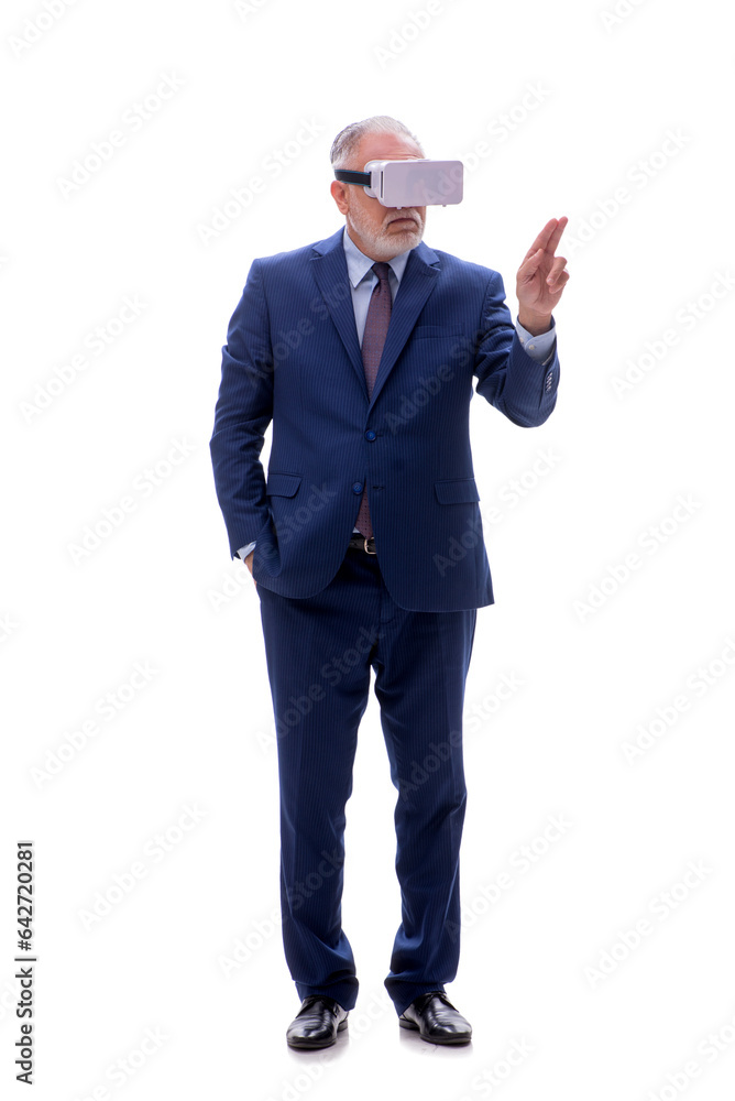 Old businessman wearing virtual glasses isolated on white Old businessman wearing virtual glasses isolated on white