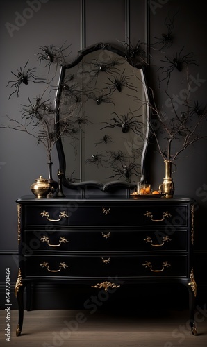 a black dresser with gold accents and an ornate mirror in the background is a dark grey wall that's perfect photo