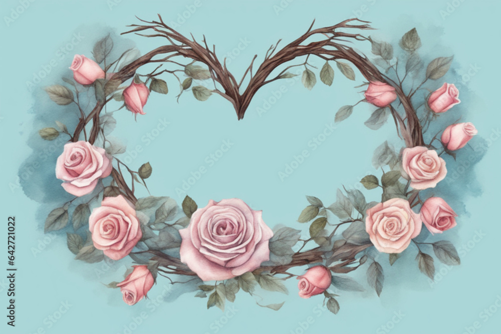 illustration with branches and rose flowers blue background, design with branches in the shape of a heart