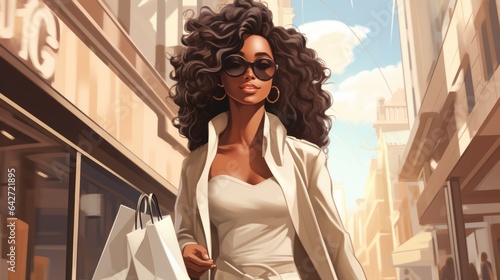 a beautiful black african american woman with shopping bags from mall store walking on a city street with fashion clothing. cartoonish artstyle design. Generative AI