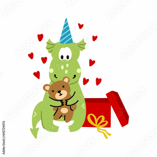 Funny cute dragon received teddy bear as gift. symbol of new year 2024 according to Eastern calendar. illustration in style of doodles. Cartoon sticker.