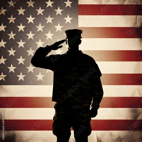 Fototapeta Silhouette of Soldier saluting in front of the American flag