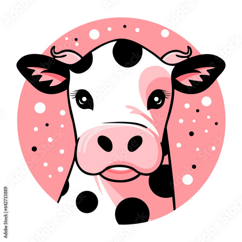 Cute cartoon mascot of farm cow in pink circle isolated on white. Livestock face vector illustration. Dairy and milk, beef production and industry. Agriculture, farming, cattle breeding concept. Logo.