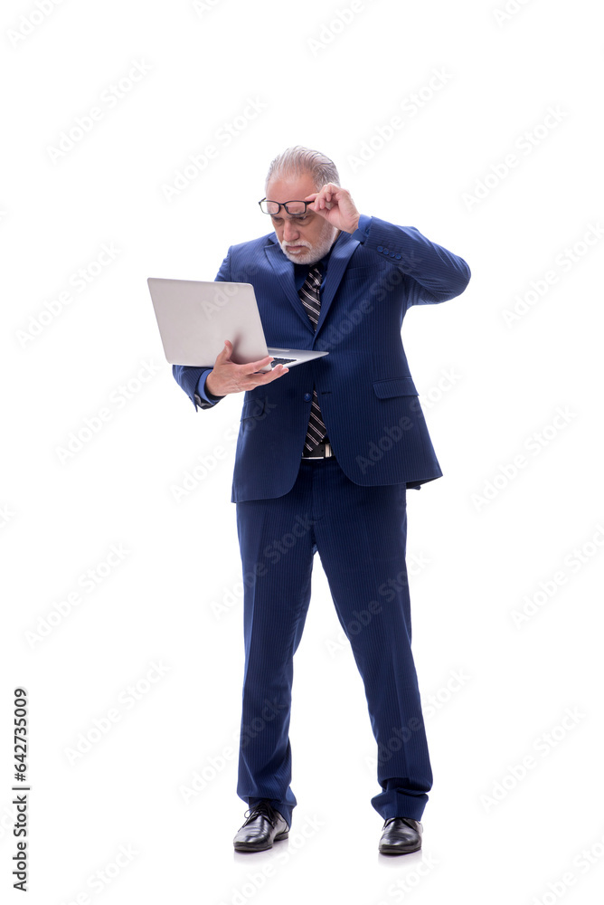 Old businessman holding laptop isolated on white Old businessman holding laptop isolated on white