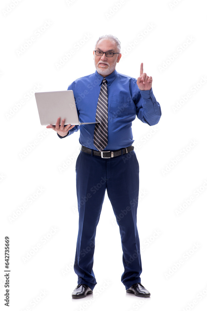 Old businessman holding laptop isolated on white Old businessman holding laptop isolated on white