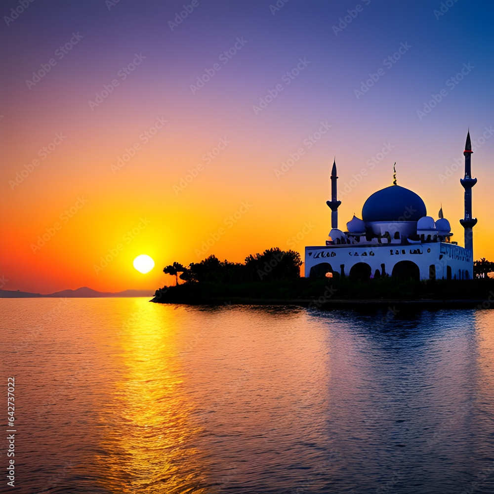 beautiful mosque in the middle of the lake with generative A