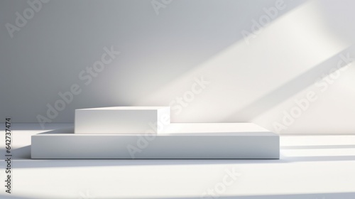 Minimalist abstract design for presentation and product display  white podiums in sunlight with shadow on white background.