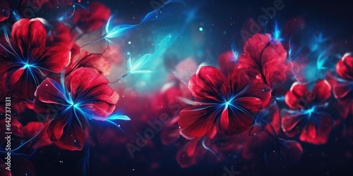 Beautiful abstract red and blue night photo floral design background banner. beautiful Generative AI AIG32