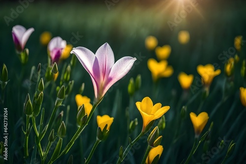 closeup of  freesia flower, flowers field background, fresh flower photo, beautiful floral image