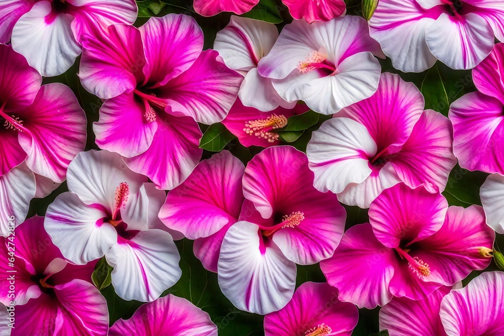 Spiral pattern of pink and white hibiscus blooms from above