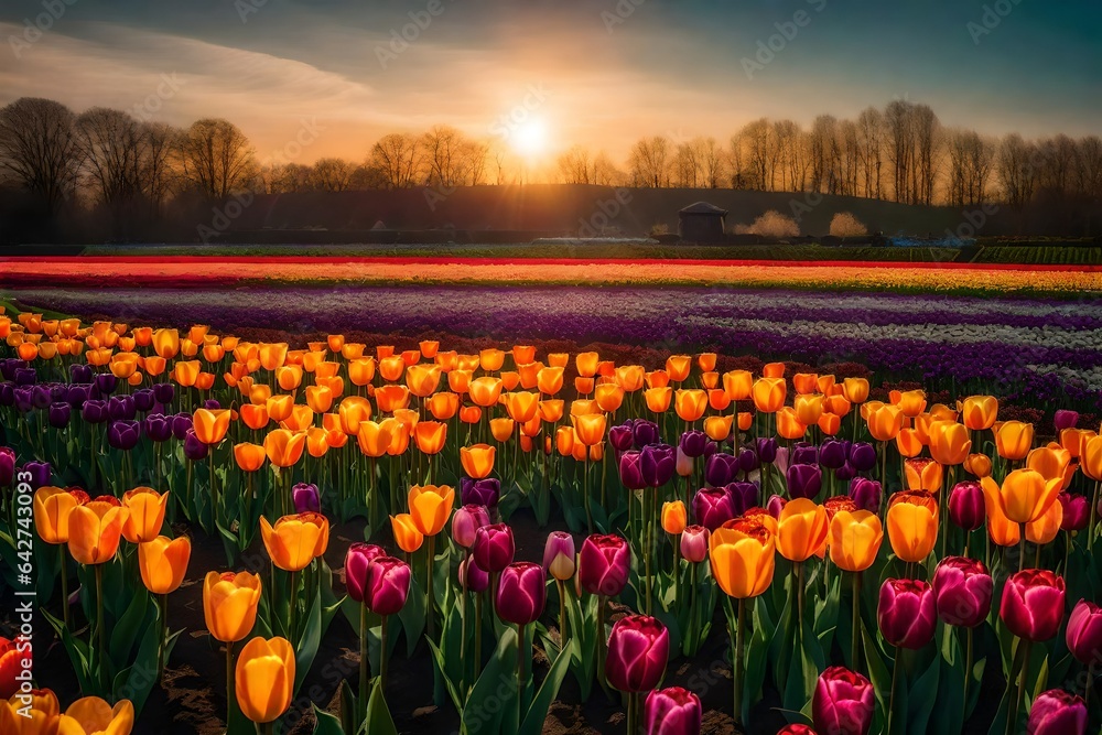 Fototapeta premium Vibrant tulip garden in full bloom, showcasing a myriad of colors against the backdrop of the sky