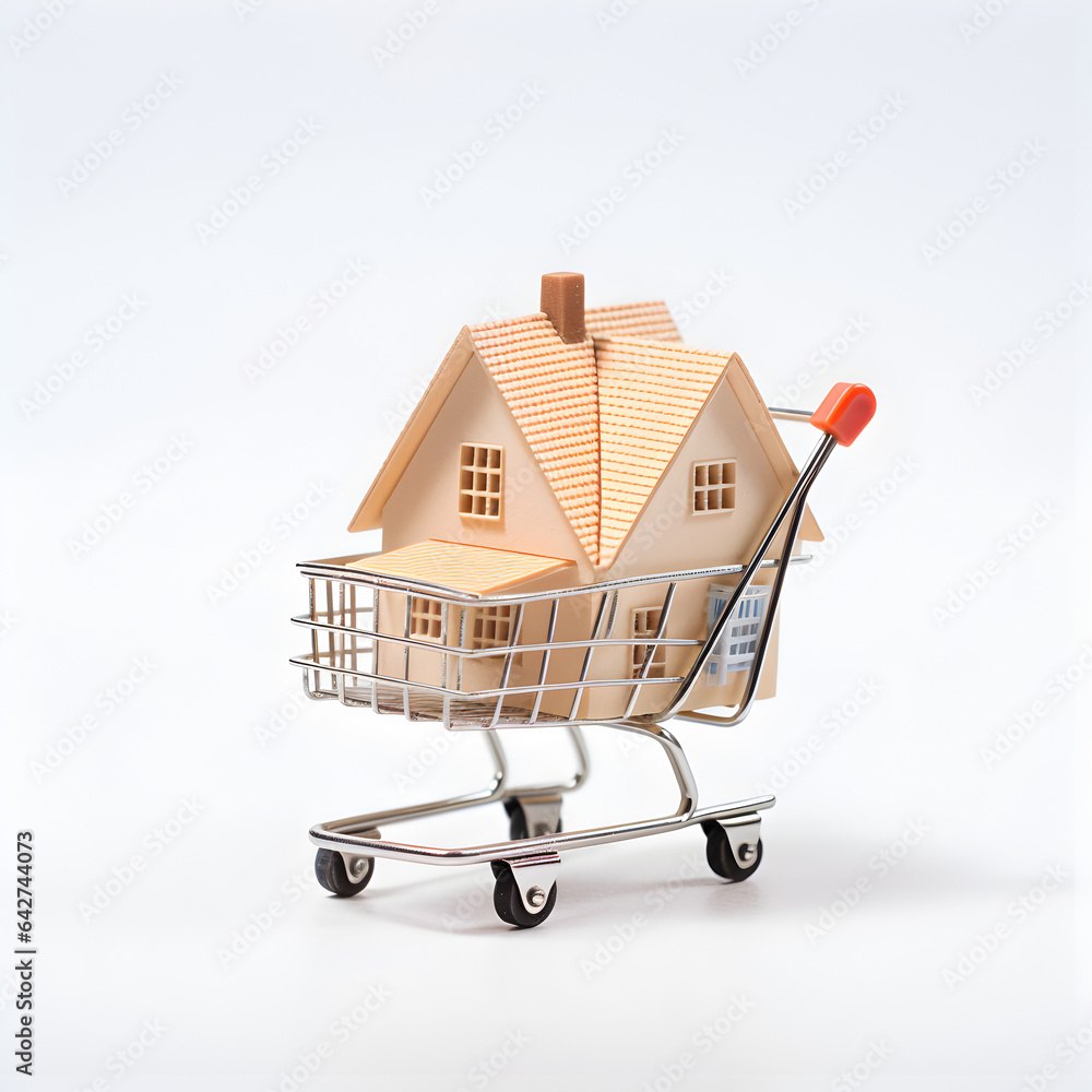A Home in a shopping cart isolated with a white background. A concept representing shopping for a home and buying real estate. Generative ai. A Home in a shopping cart isolated with a white background. A concept representing shopping for a home and buying real estate. Generative ai.
