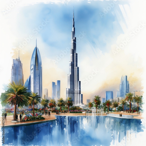 Print op canvas An oil painting of Burj Khalifa