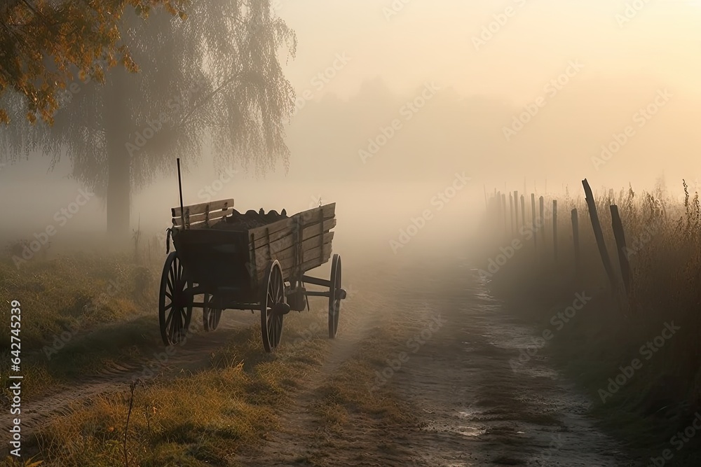 an old wooden cart on a foggy road in the country side, with trees and fenced off to the right