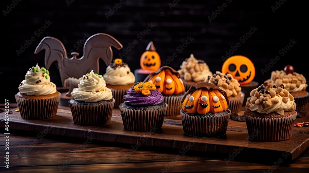halloween cupcakes on a wooden cutting board with pumpkins and jack o's cookies in the background