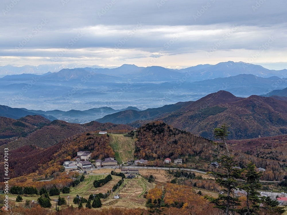 Myoko-Togakushi mountain range seen from the Higashidateyama gondola lift in Yamanouchi Town, Nagano Prefecture, Japan in October. Myoko-Togakushi mountain range seen from the Higashidateyama gondola lift in Yamanouchi Town, Nagano Prefecture, Japan in October.