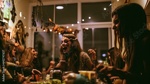 a group of people sitting at a dinner table with food and drinks in front of them, the woman has her mouth wide open