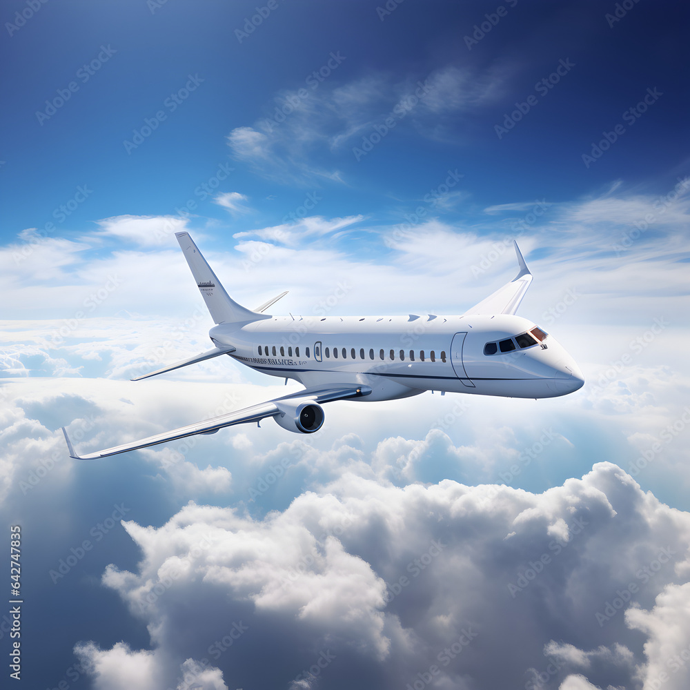 Private jet flying through the clouds and blue sky. A concept of luxury air travel on business or vacation. Generative ai. Private jet flying through the clouds and blue sky. A concept of luxury air travel on business or vacation. Generative ai.