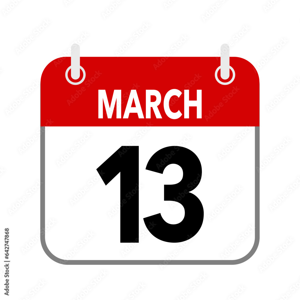 13 March, calendar date icon on white background. 13 March, calendar date icon on white background.