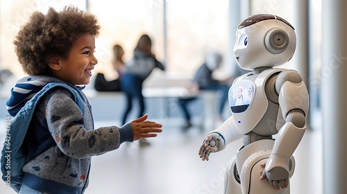 a little boy playing with a robot at an office building in the child is wearing a backpack and talking to him