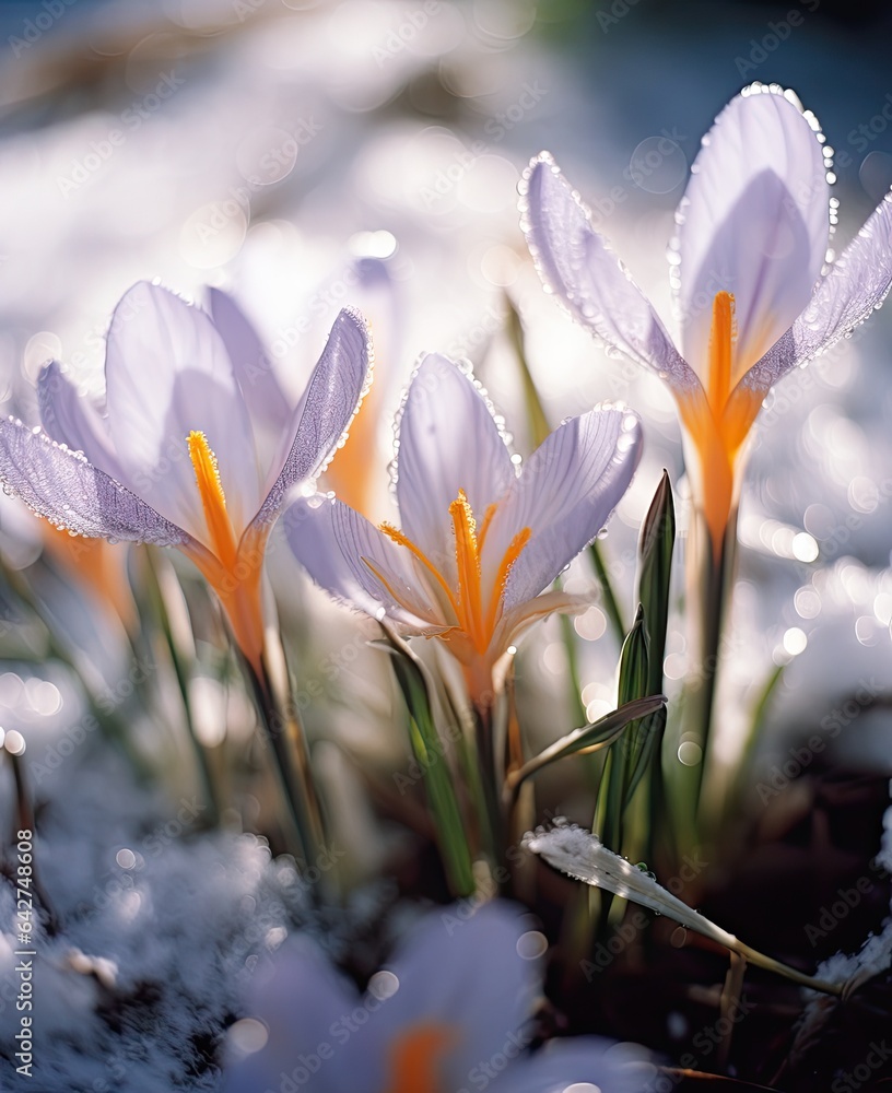 some snow covered crocs in the ground with water droplets on them and sunlight shining through the leaves behind some snow covered crocs in the ground with water droplets on them and sunlight shining through the leaves behind