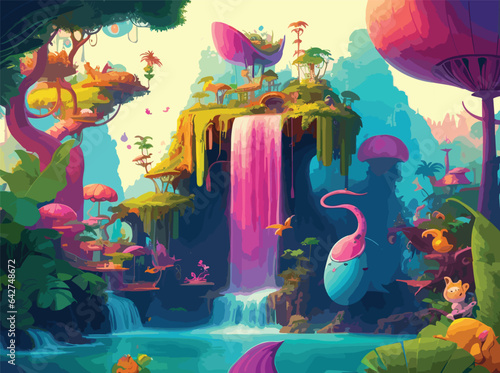 Design an abstract and dreamlike portrayal of a beautiful morning in the cartoon jungle, incorporating surreal elements like floating islands, rainbow waterfalls, and whimsical creatures.