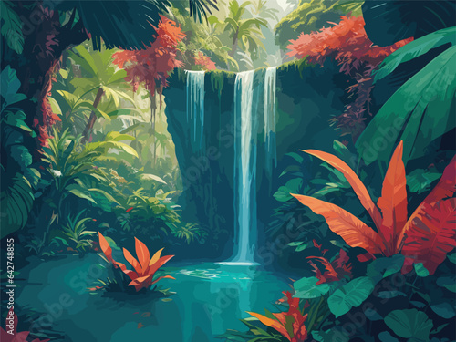 Design an intricate vector illustration of a hidden oasis nestled within a tropical jungle, where a majestic waterfall cascades into a crystalline pool, reflecting the vibrant colors of lush