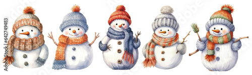 Set of Snowman Christmas Theme watercolor illustration, Snowman isolated white transparent background, PNG , Generative AI