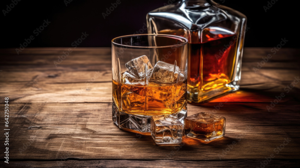 Bottle and glass of whiskey with ice on vintage wooden background. Generative Ai Bottle and glass of whiskey with ice on vintage wooden background. Generative Ai