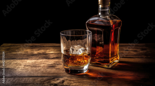 Bottle and glass of whiskey with ice on vintage wooden background. Generative Ai