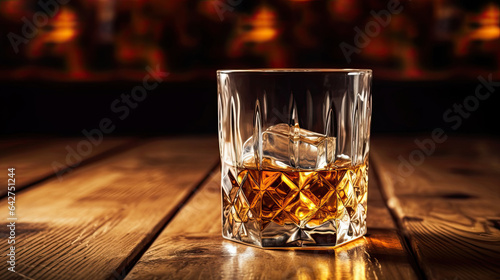 whiskey with ice on a wooden table in vintage liquor store counter with copy space is empty. Generative Ai