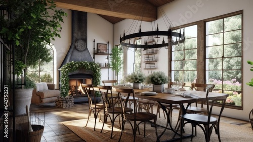 Interior design inspiration of Rustic Farmhouse style home dining room loveliness decorated with Wood and Metal material and Chandelier .Generative AI home interior design .
