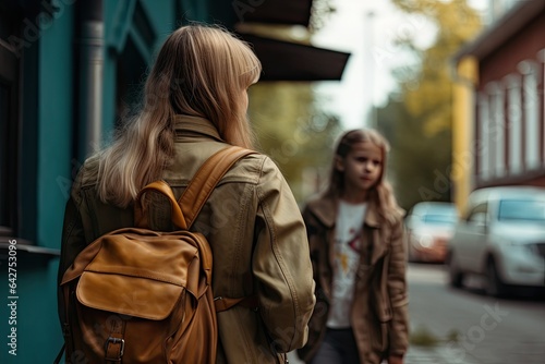 two women walking down the street, one is carrying a backpack and the other is wearing a tan colored coat photo