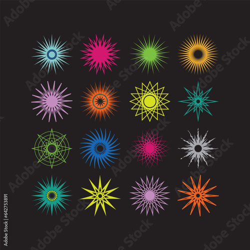 Colorful silhouette detail geometrical polygram pointy stars icons set design element on black background