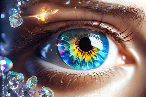 Macro close-up of an eye with magic fantasy makeup. Generative Ai
