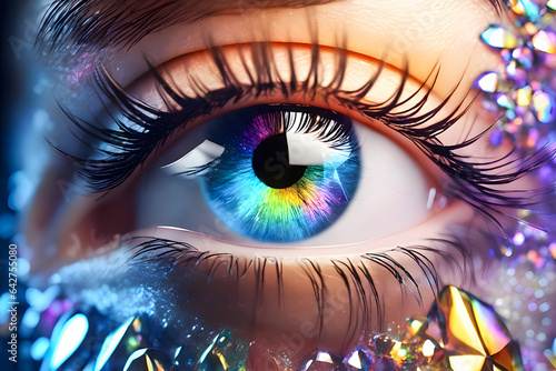 Macro close-up of an eye with magic fantasy makeup. Generative Ai
