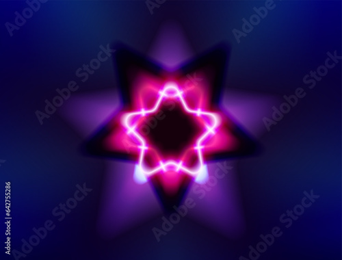 Abstract neon star with shiny glare star shaddow line shape. Night electric frame. 3d retro light starry sign. Techno glowing signage on dark purple background. Colorful vector illustration
