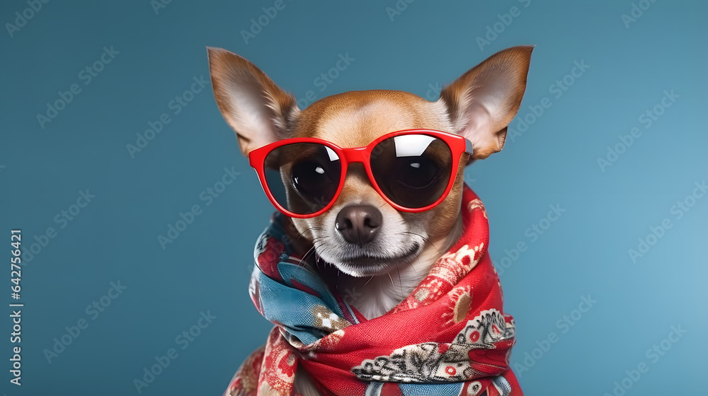 araffe dog wearing sunglasses and a scarf on a blue background Generative AI