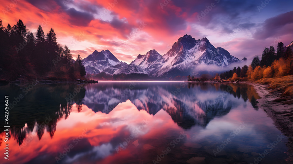 mountains are reflected in a lake at sunset with a colorful sky Generative AI