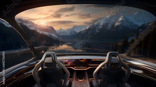 there are two seats in the front of a car with a view of a mountain Generative AI photo