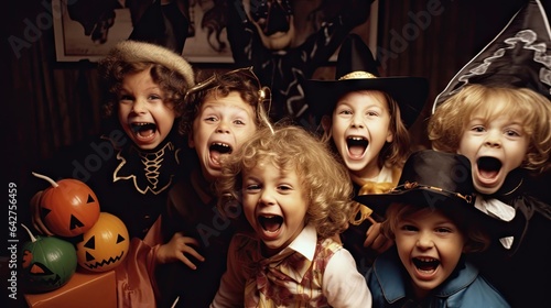 kids in halloween costumes with their mouths open and one child wearing a witch's hat while the other children are holding pumpkins